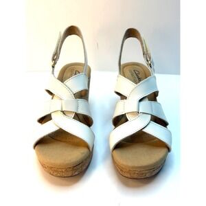 Clarks Collection Giselle Beach Slingback Wedge Sandals White Leather 6.5M NWT
